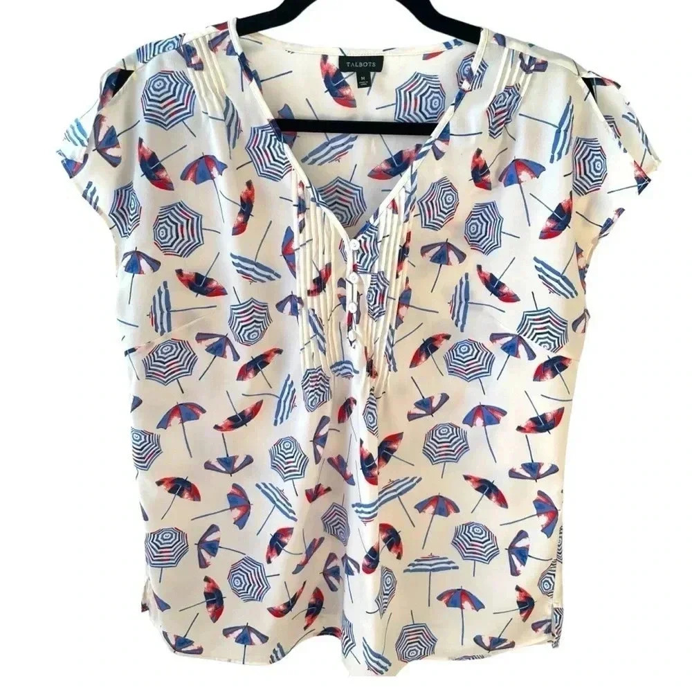 Talbots Beach Umbrella Print Blouse Short Sleeve Off White Red Blue